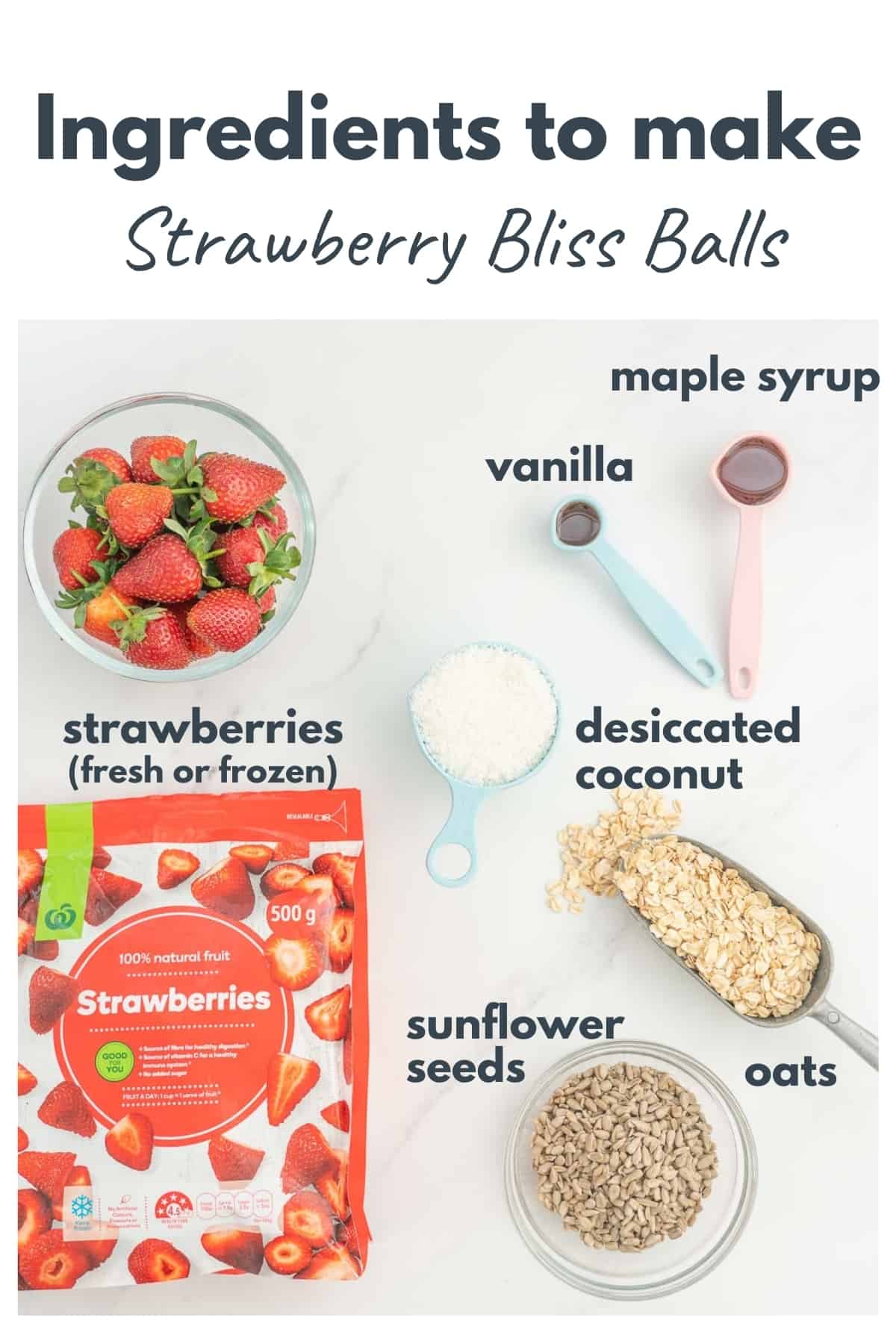The ingredients to make strawberry balls laid out on a bench top with text overlay.