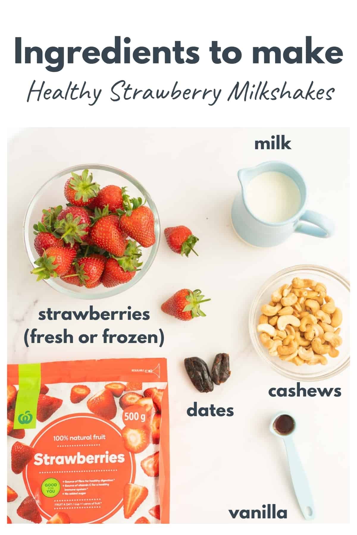 Ingredients to make a healthy milk shake laid out on a bench top with text overlay.