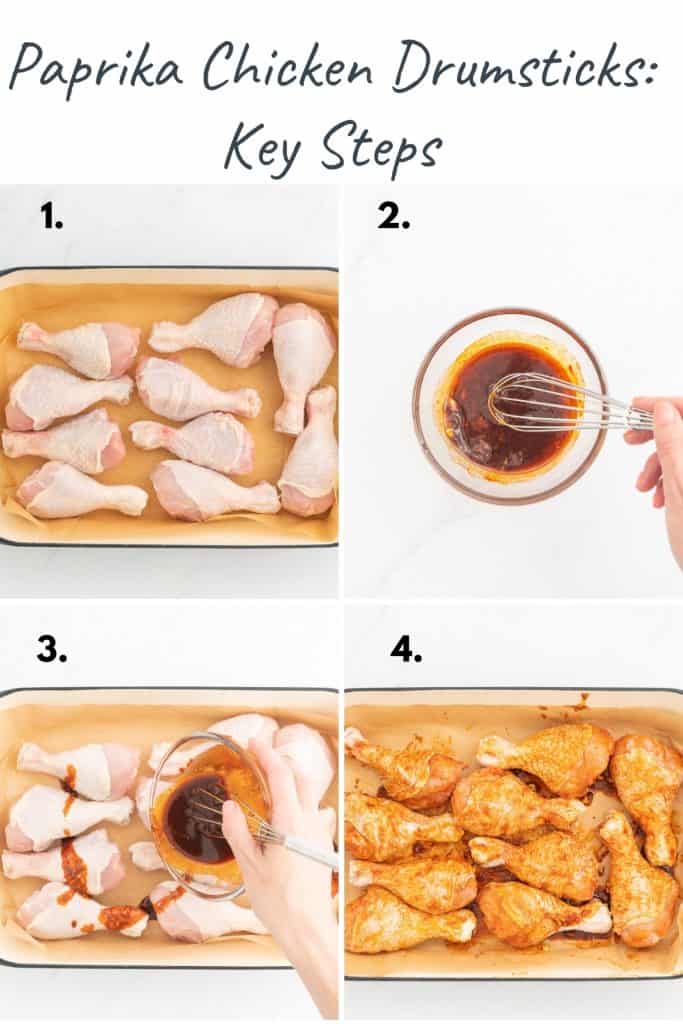 A four photo collage showing the process steps to make paprika chicken drumsticks.