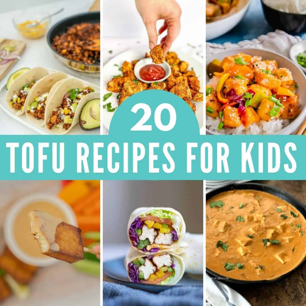 6 photo collage of tofu recipes with text overlay '20 tofu recipes for kids'.