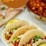 3 tofu tacos on a platter with text overlay 'the best tofu tacos'.