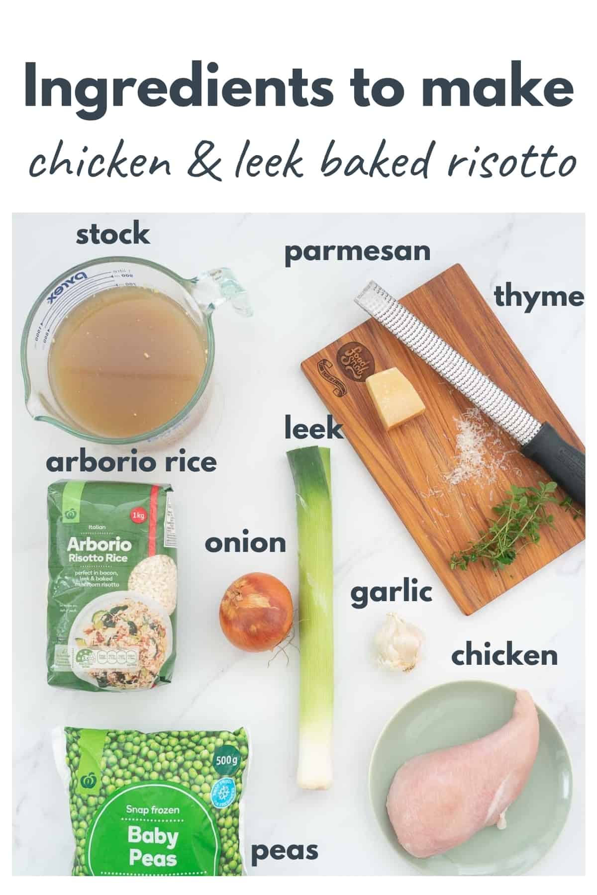 The ingredients to make chicken and leek risotto laid out on a bench top with text overlay.