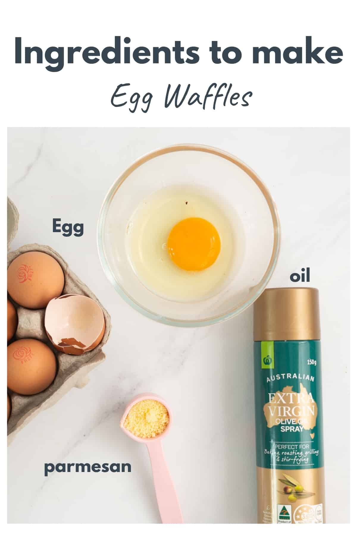 Ingredients to make egg waffles laid out on a marble bench top with text overlay.