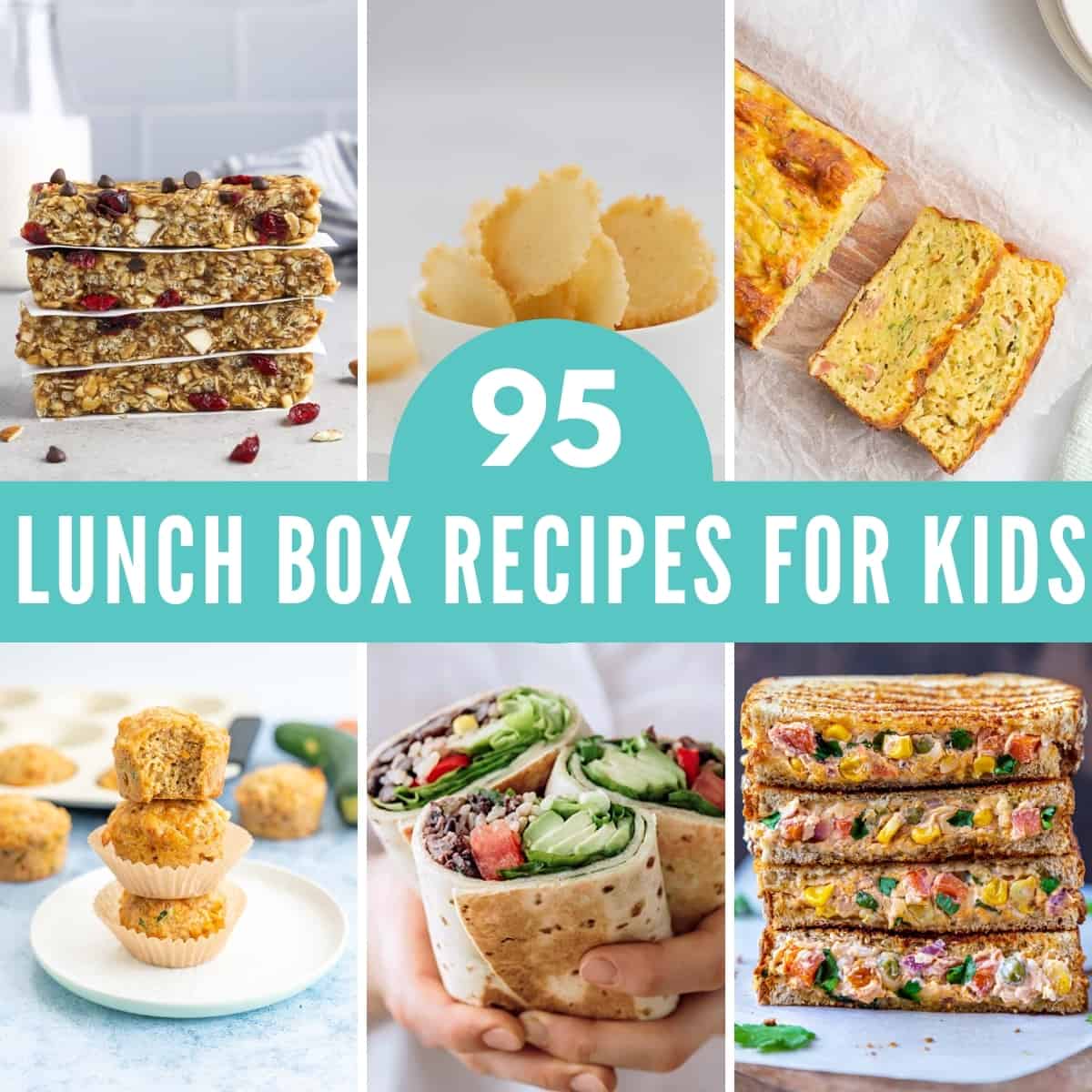 6 photo collage with text overlay '95 lunch box recipes for kids".