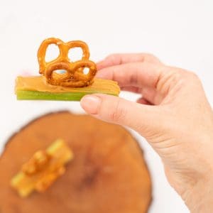 A women's hand holding a celery stick filled with peanut butter and decorated with pretzels.