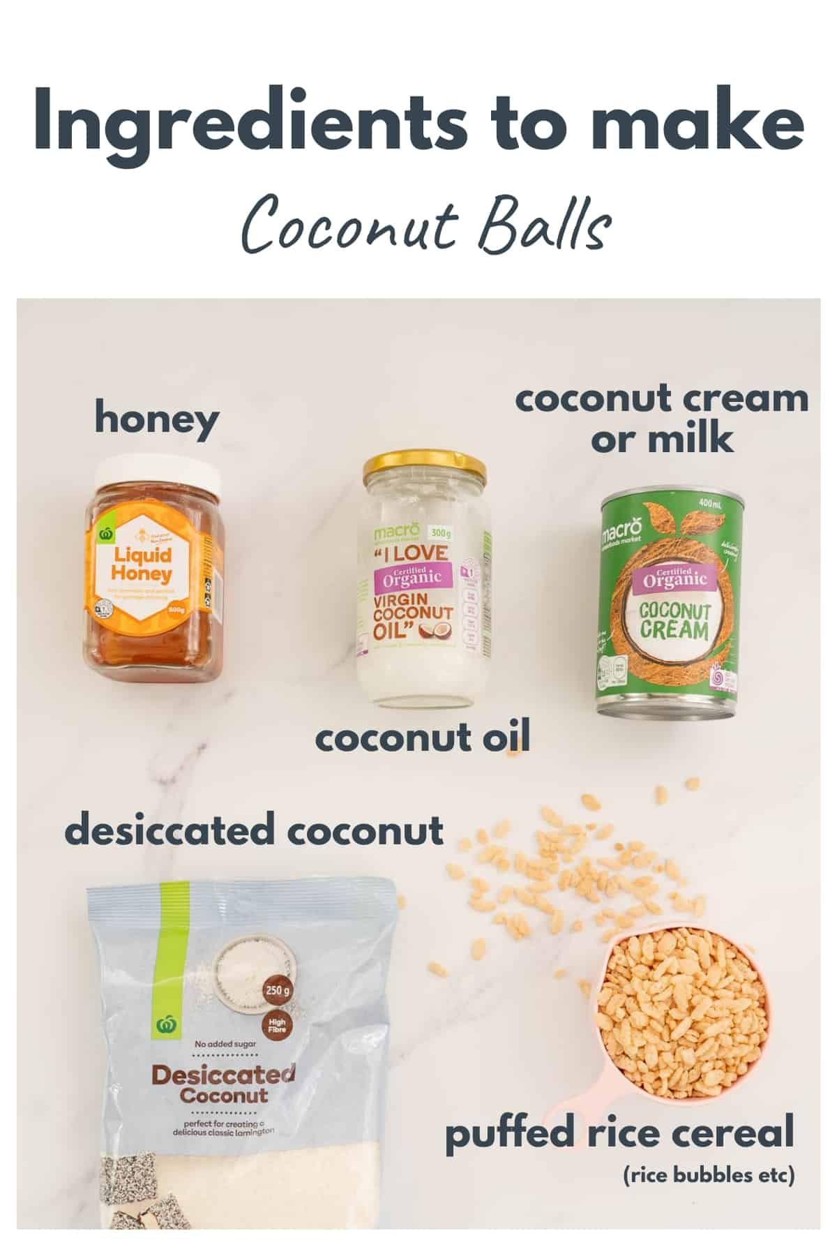 The ingredients to make coconut balls laid out on a bench top with text overlay.