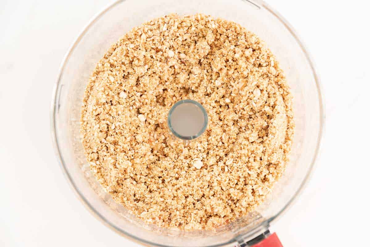 Crumble topping in a food processor bowl.