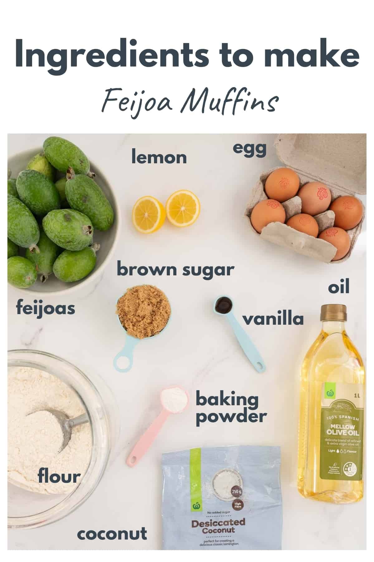 ingredients to make feijoa muffins laid out on a bench top with text overlay.