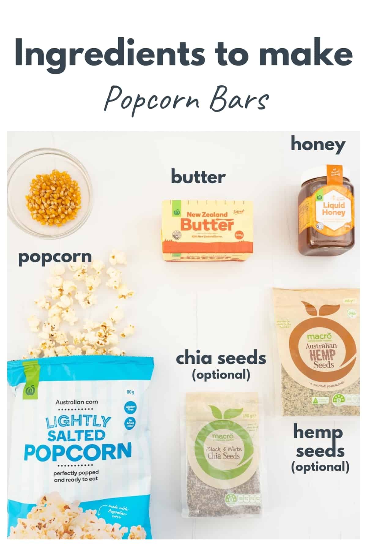 Ingredients to make popcorn bars laid out on a bench top with text overlay.