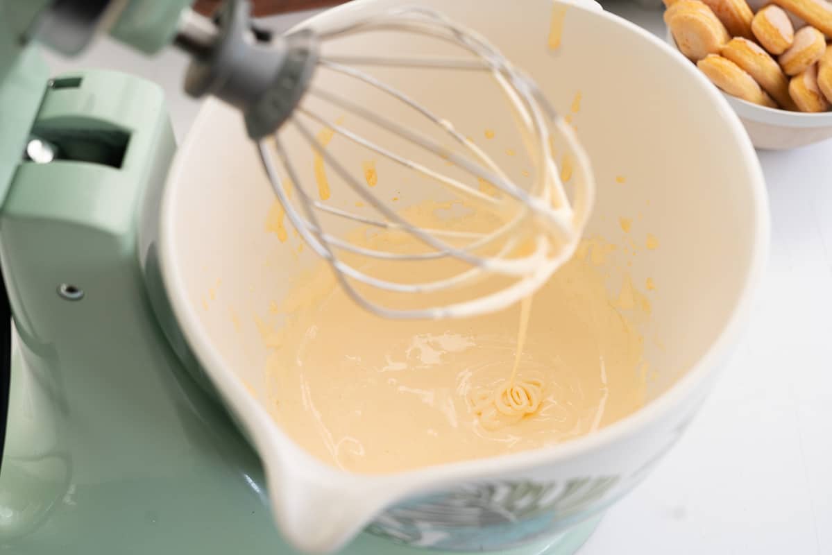 Egg yolks and sugar whipped to pale, thick and creamy in a stand mixer.
