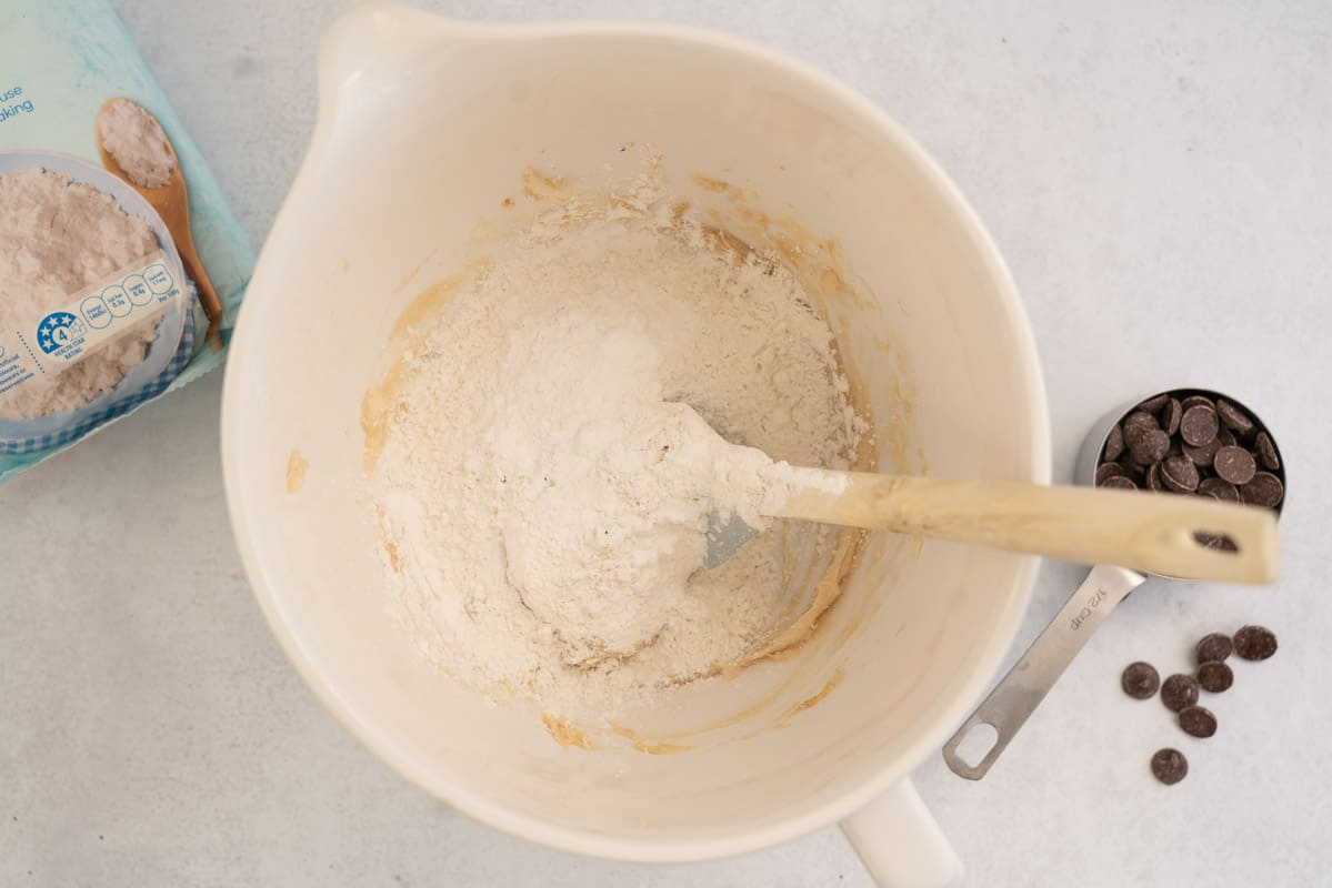Dry ingredients in a large white mixing jug.