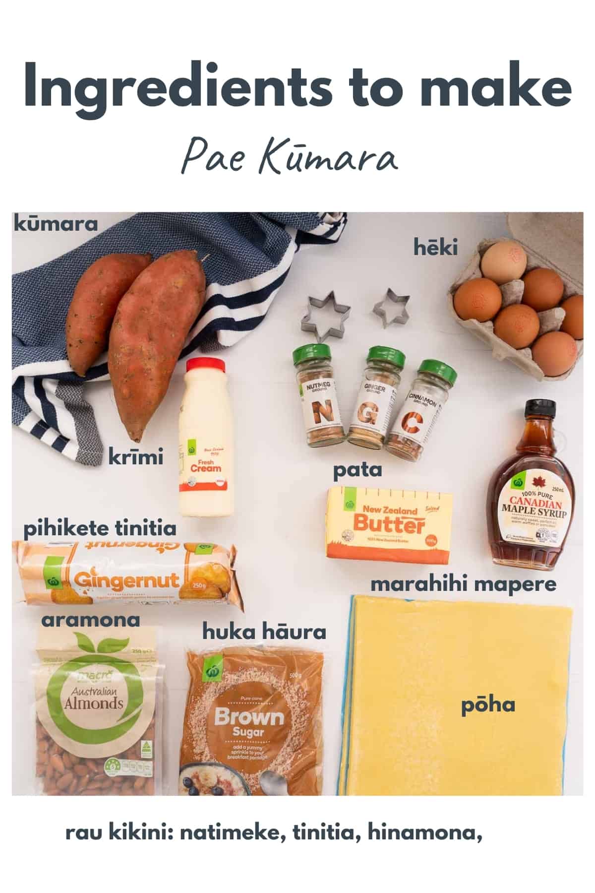 The ingredients to make sweet kumara pie with ingredients labeled in maori.