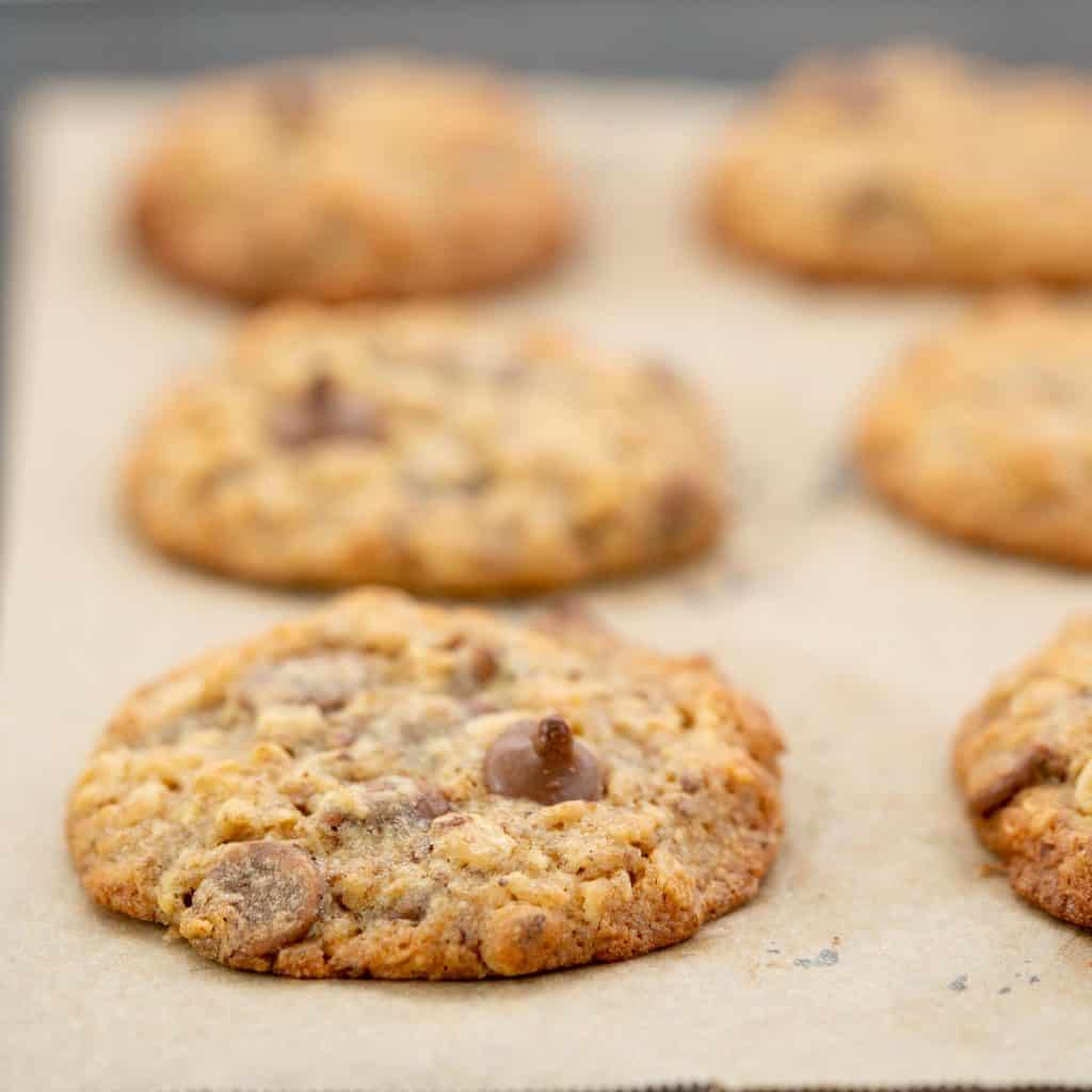 Golden baked oatmeal choc chip cookies on a baking paper lined oven tray.