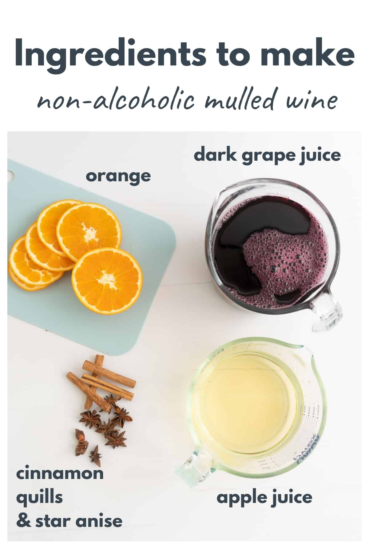 The ingredients to make non-alcoholic mulled wine laid out on a bench top with text overlay.