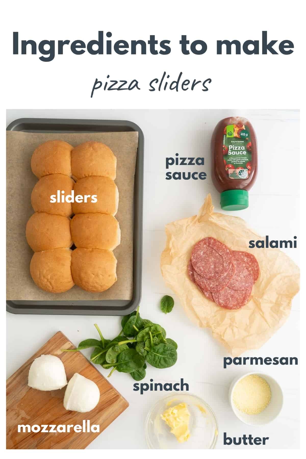The ingredients to make pizza sliders for kids laid out on a bench top with text overlay.