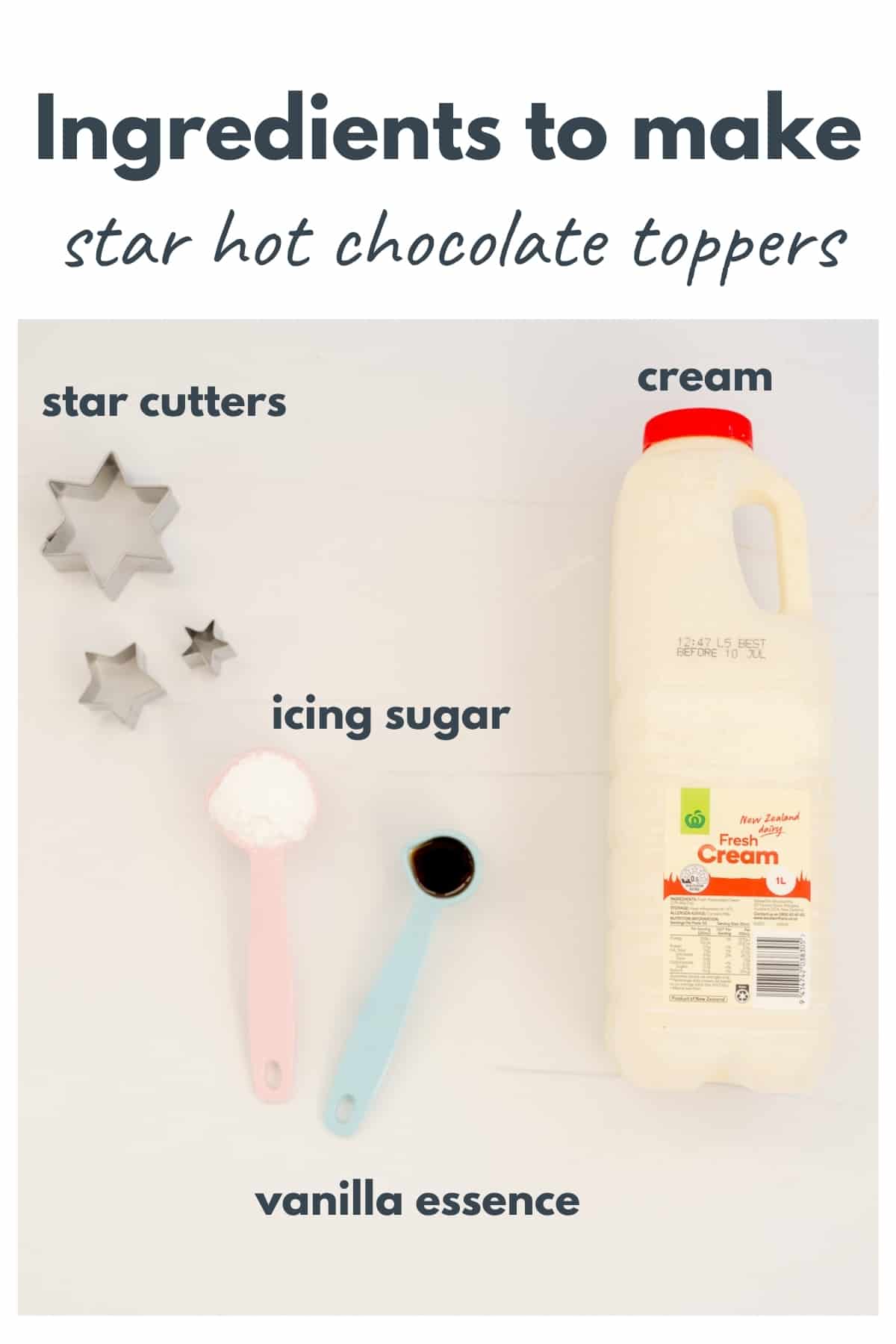 The ingredients needed to make star shaped hot chocolate shapers laid out on a bench top.