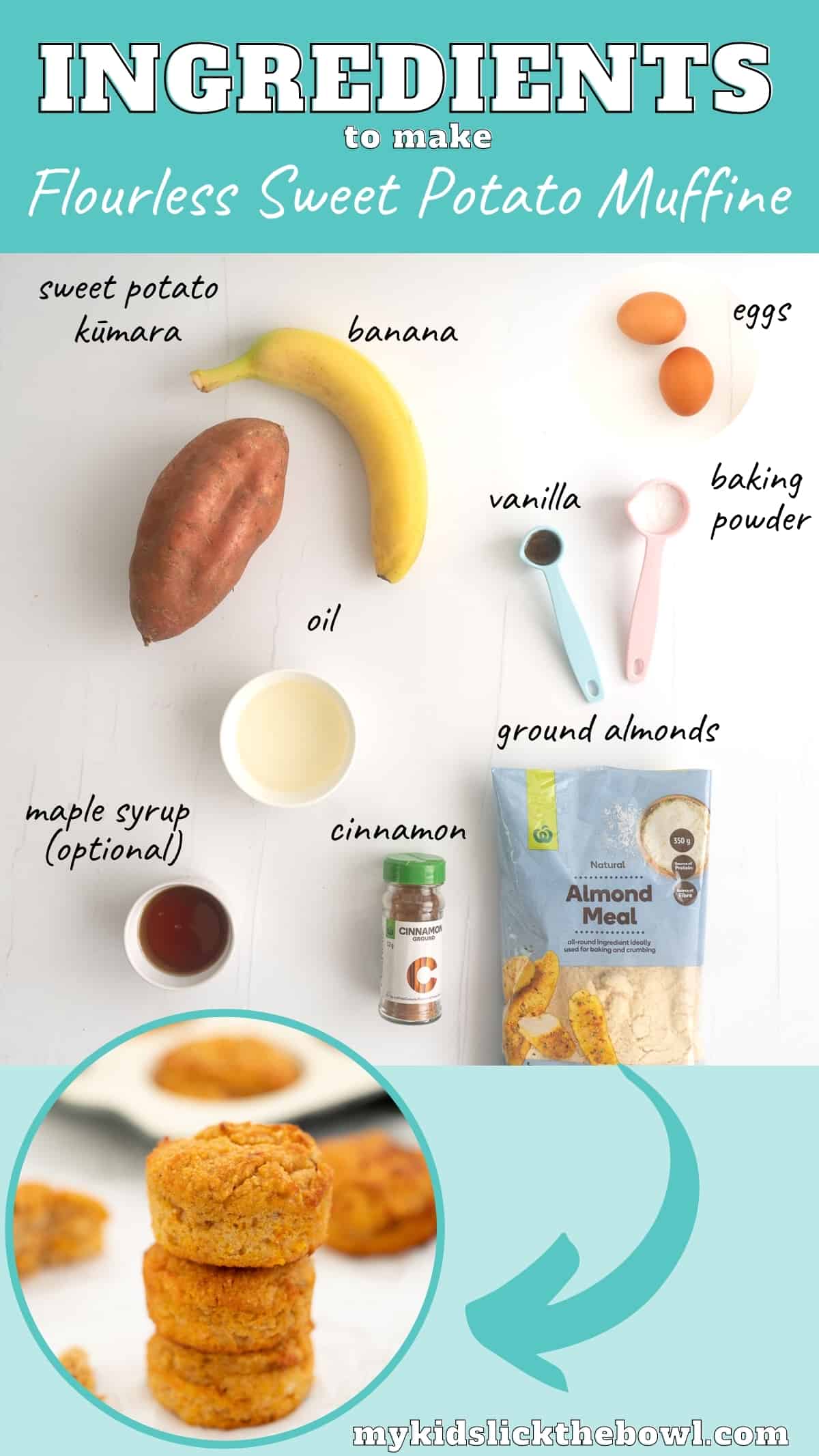 The ingredients to make sweet potato muffins laid out on a counter top with text overlay.