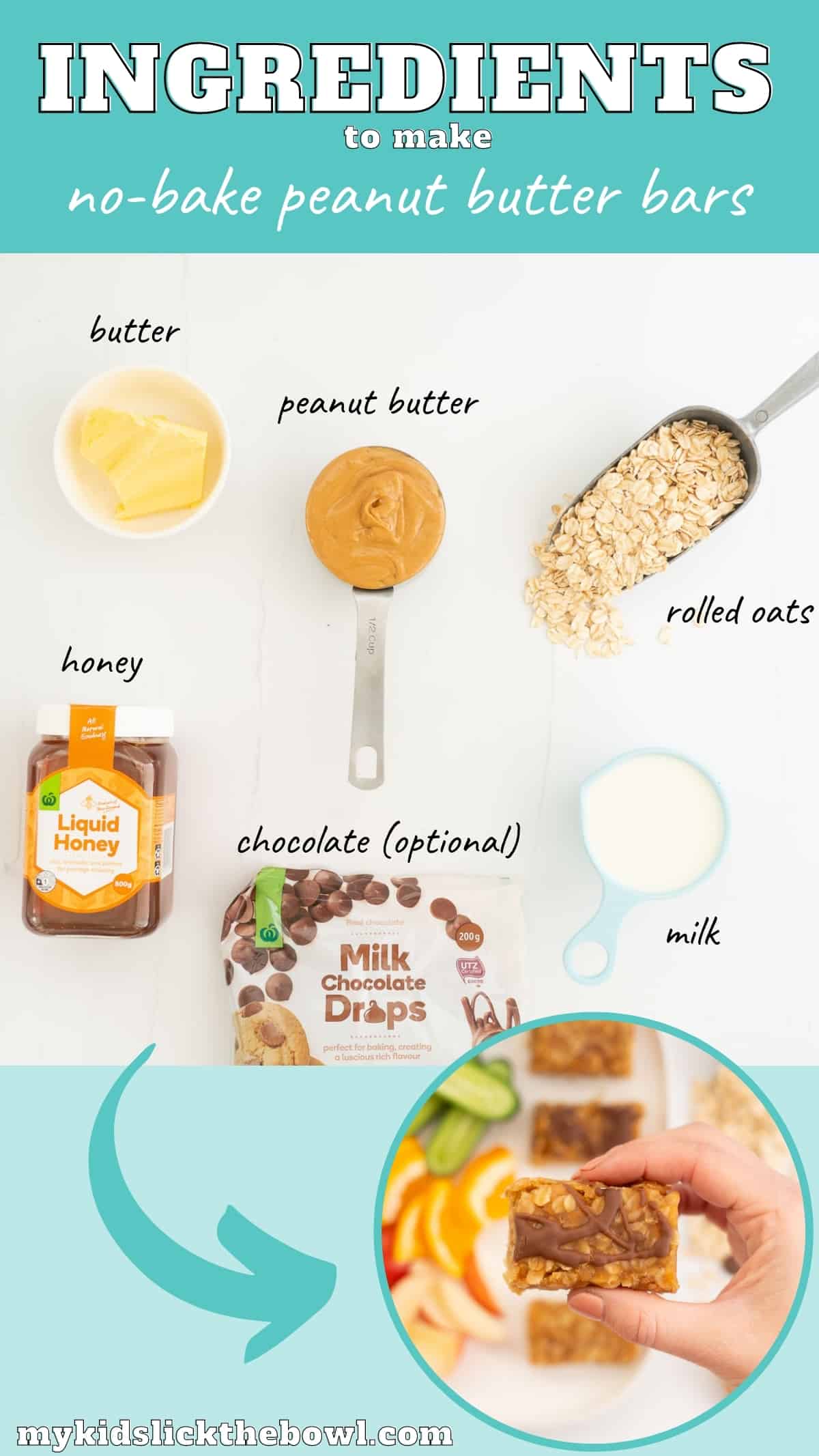 The ingredients to make peanut butter bars laid out on a bench top with text overlay.