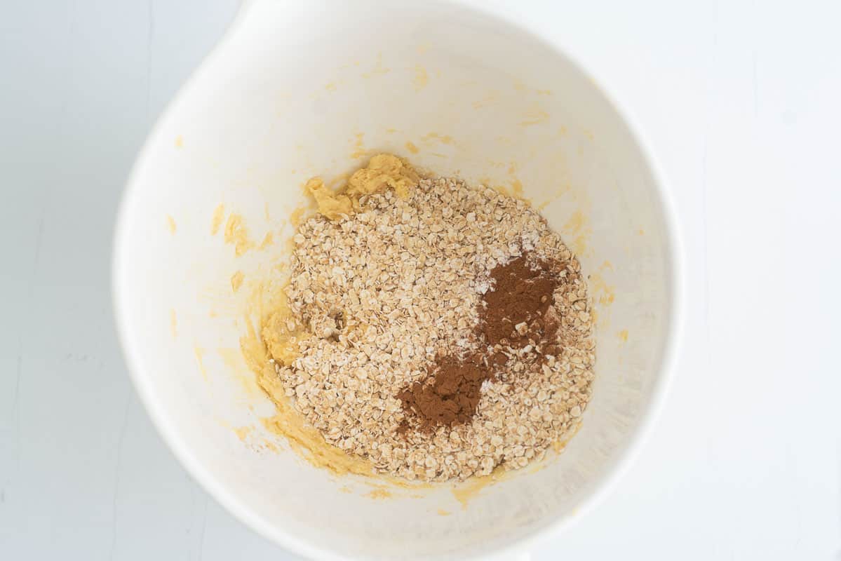 Rolled oats and cinnamon in a large mixing bowl. 
