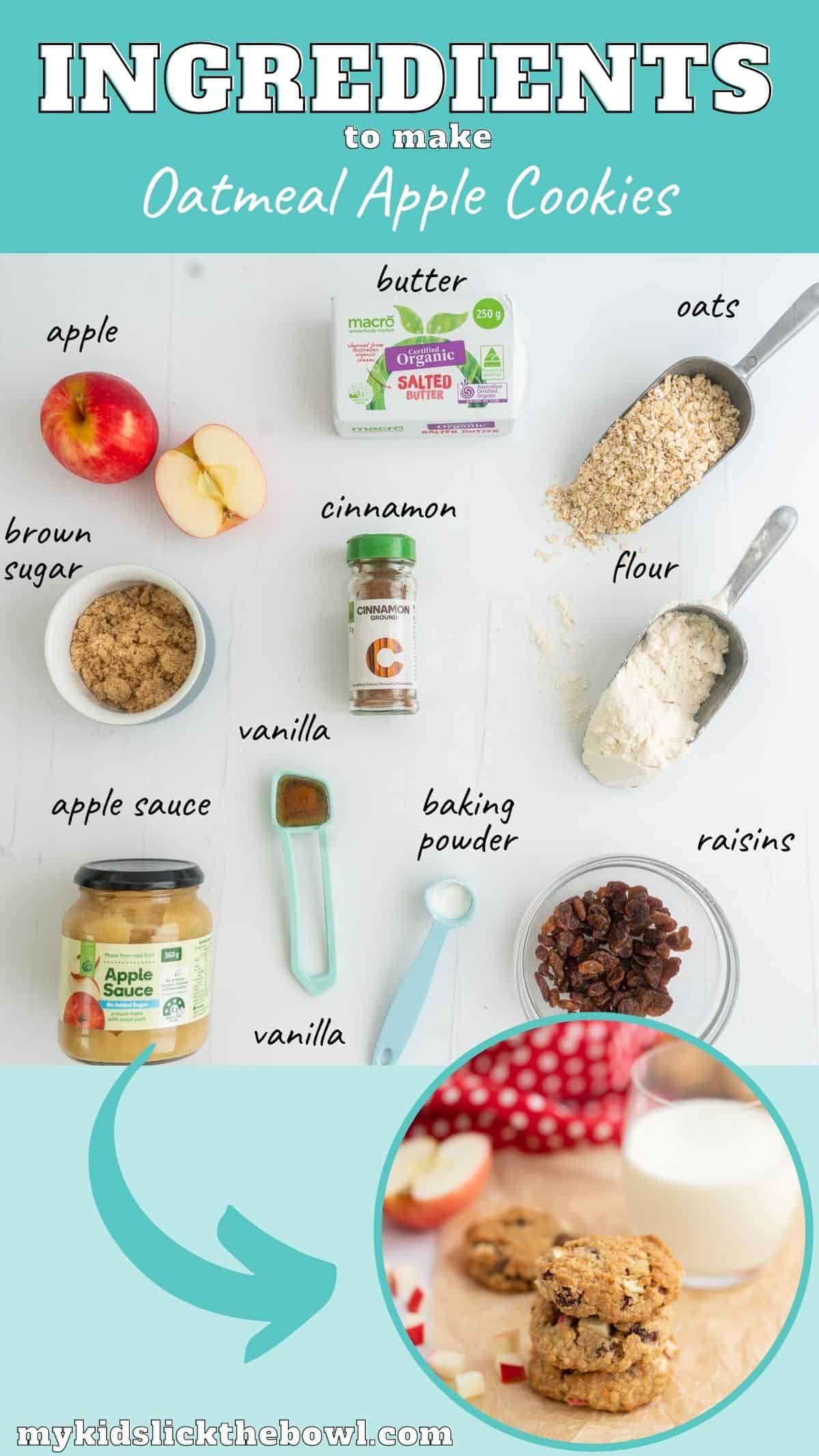 The ingredients to make apple oat cookies laid out on a bench top with text overlay.