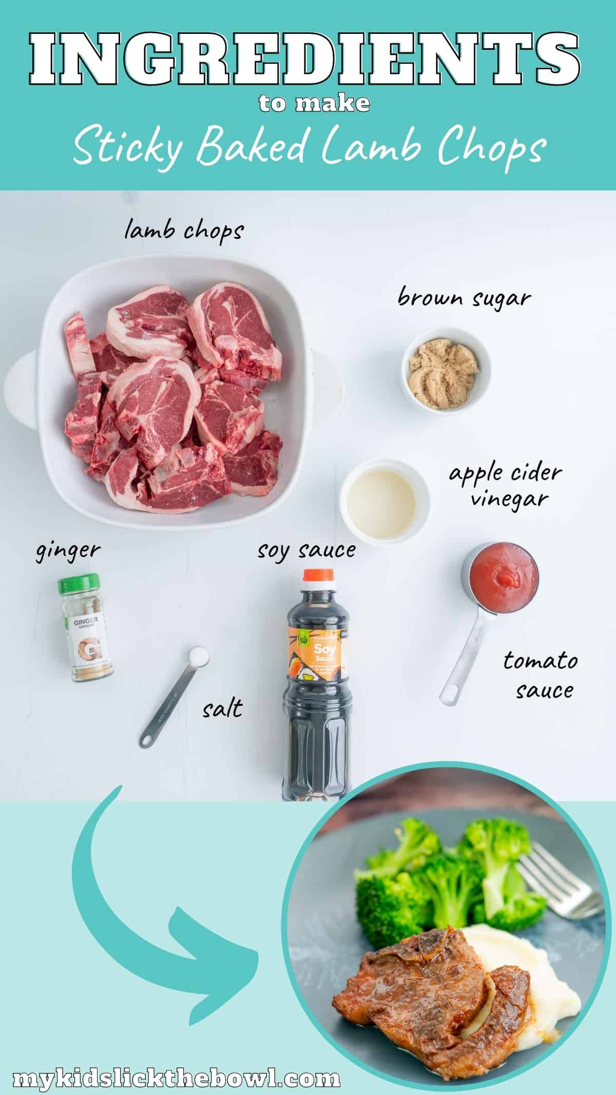 The ingredients to make oven baked lamb chops laid out on a counter top with text overlay.