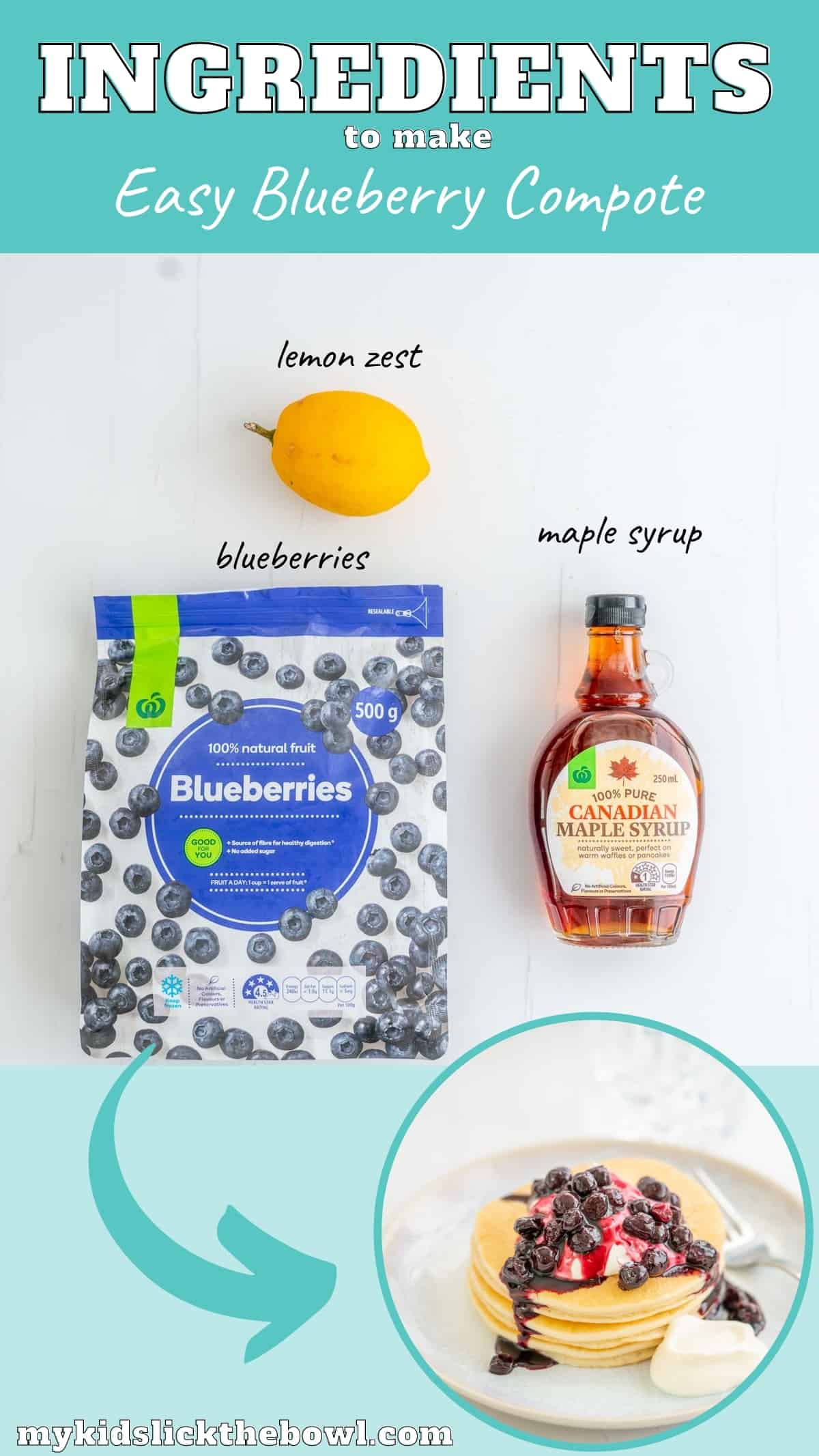 The ingredients to make blueberry compote laid out on a bench top with text overlay.