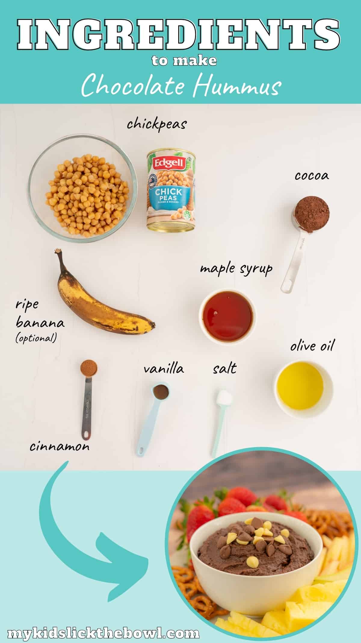 The ingredients to make chocolate hummus laid out on a bench top with text overlay.