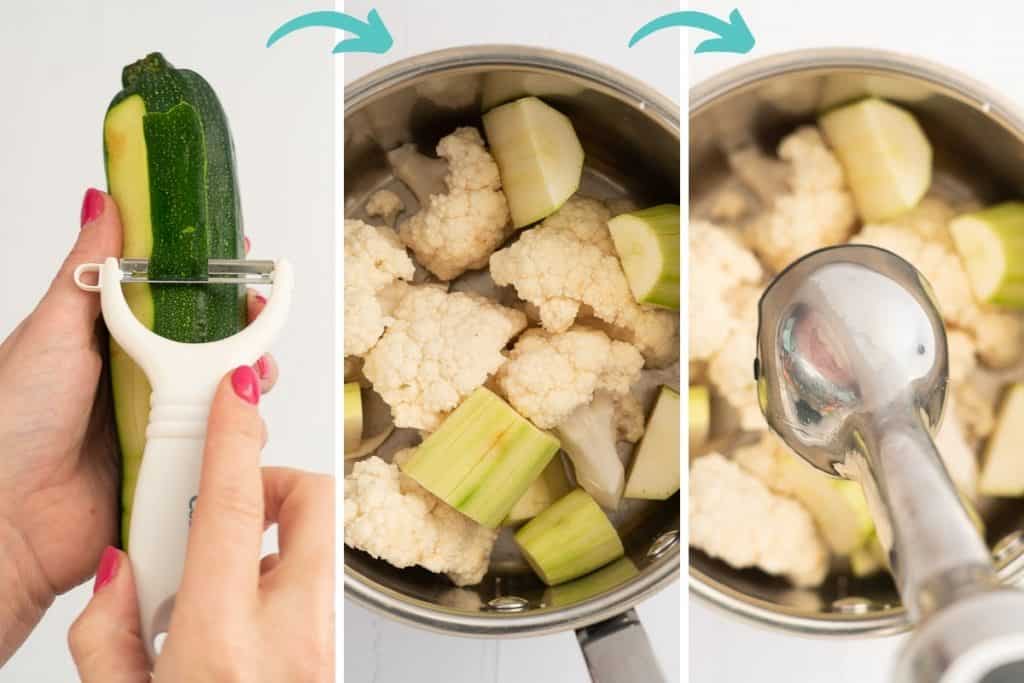 Three photo collage showing the steps to making cauliflower and zucchini purée.