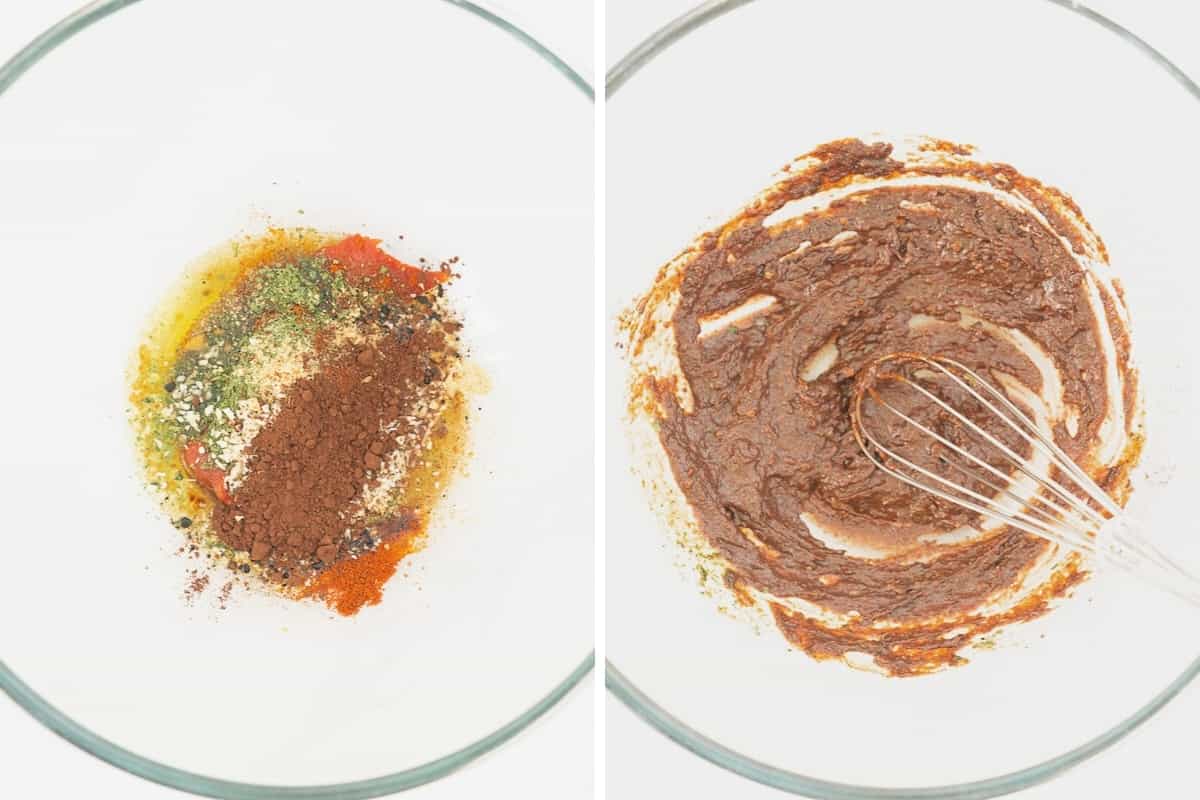 Two photo collage showing the making of a Mexican spice paste.