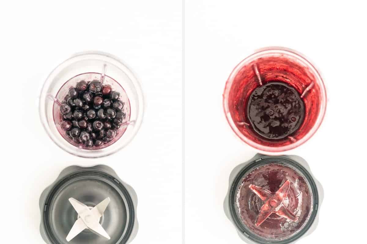 A two photo collage showing blueberries being blended into a smooth purée.