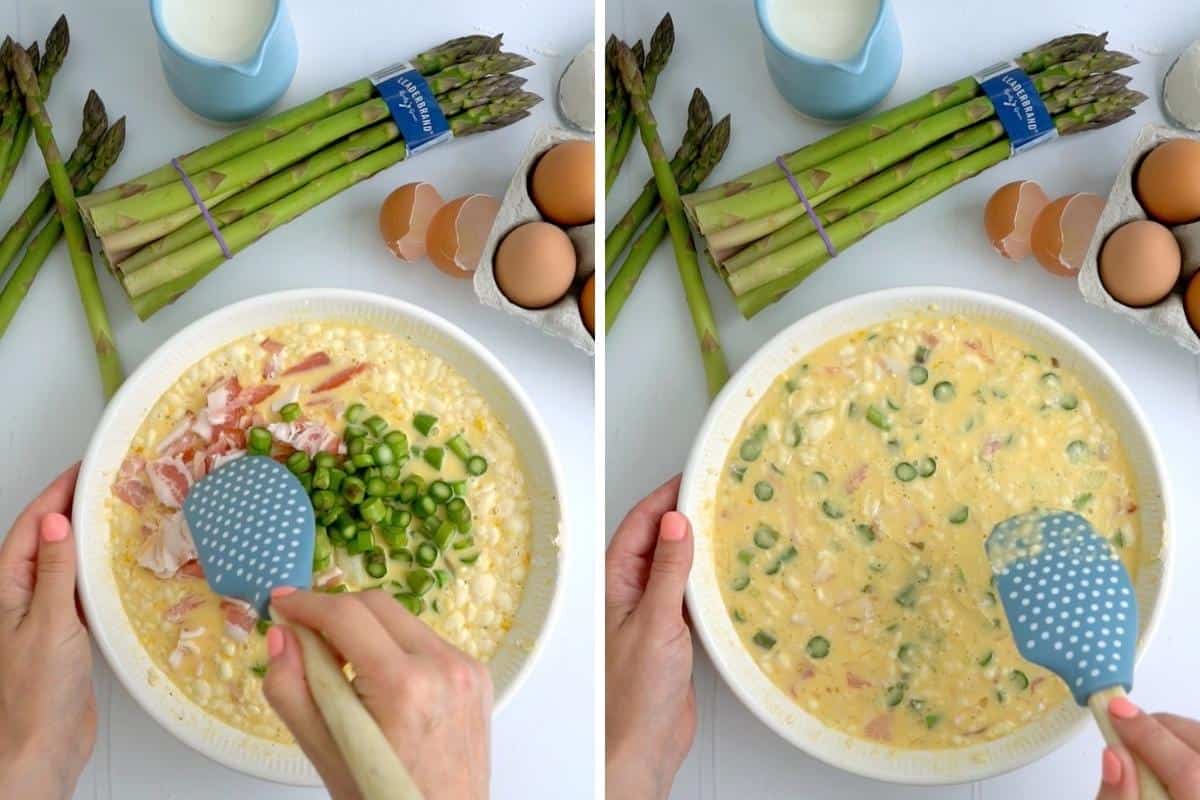 Two photo collage of asparagus, cheese and bacon being combined into a quiche base.