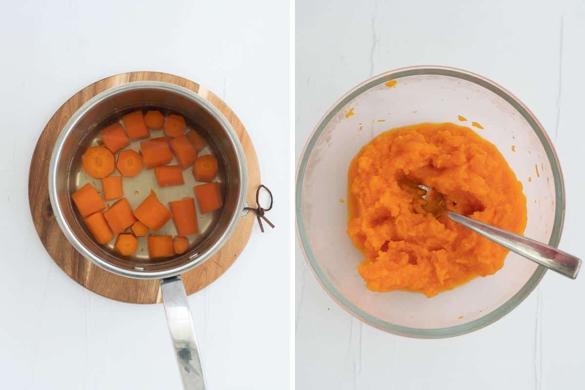 Two photo collage of carrots cooking in a pot and carrot purée in a bowl.