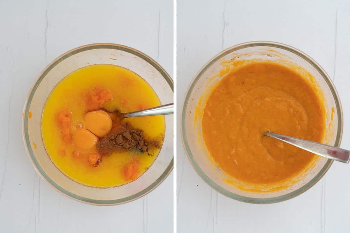 Two photo collage showing the wet ingredients for carrot muffins being combined to a smooth batter.