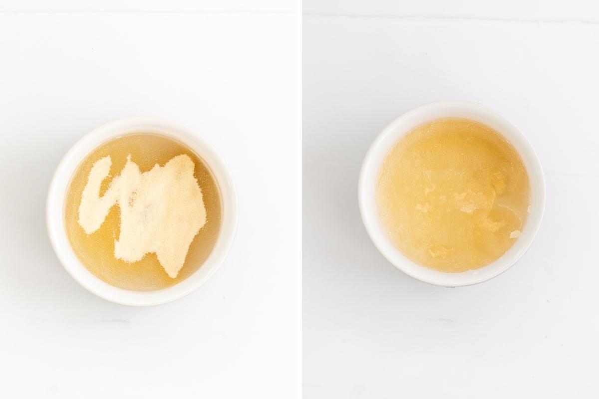 A two photo collage showing gelatine powder softening in a small bowl with water.
