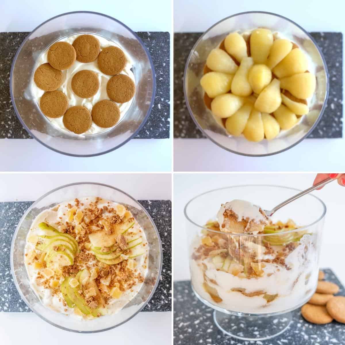 Four photo collage showing a large pear ginger parfiat being layered in a glass serving dish.