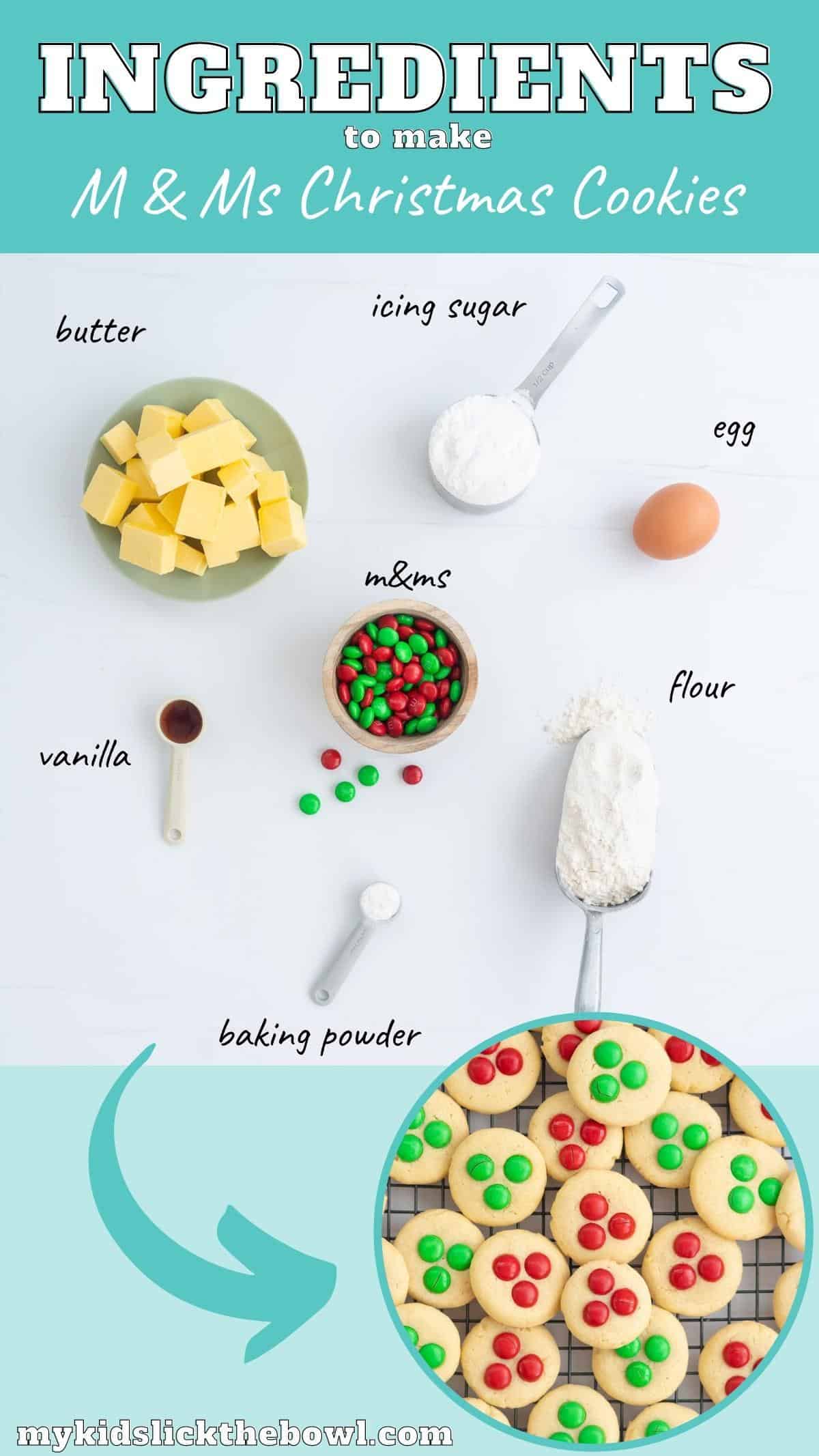 The ingredients to make m and ms Chrismtas cookies laid out on a bench top.