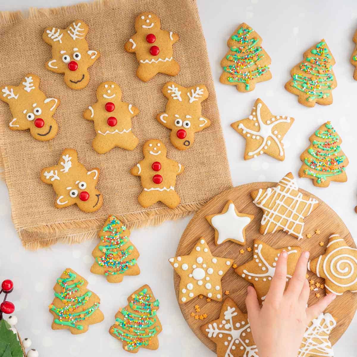 A selection of decorated gingerbread cookies laid out on a counter top, shapes include stars, reindeer, gingerbread men and Christmas trees, a childs hand reaching for one of the star cookies. 