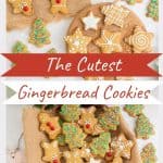 Two photo collage of decorated gingerbread cookies with text overlay.