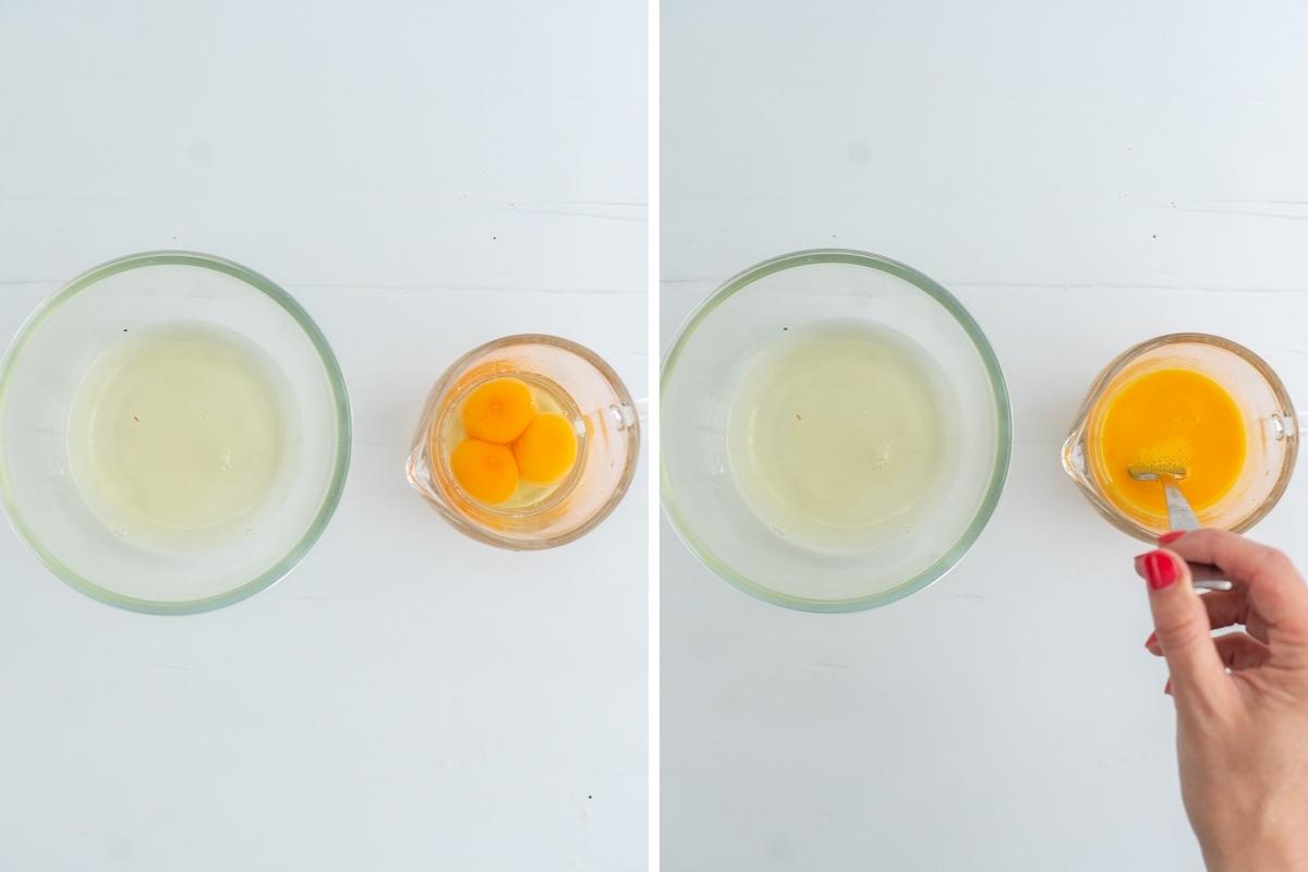 Two photo collage showing separating eggs.