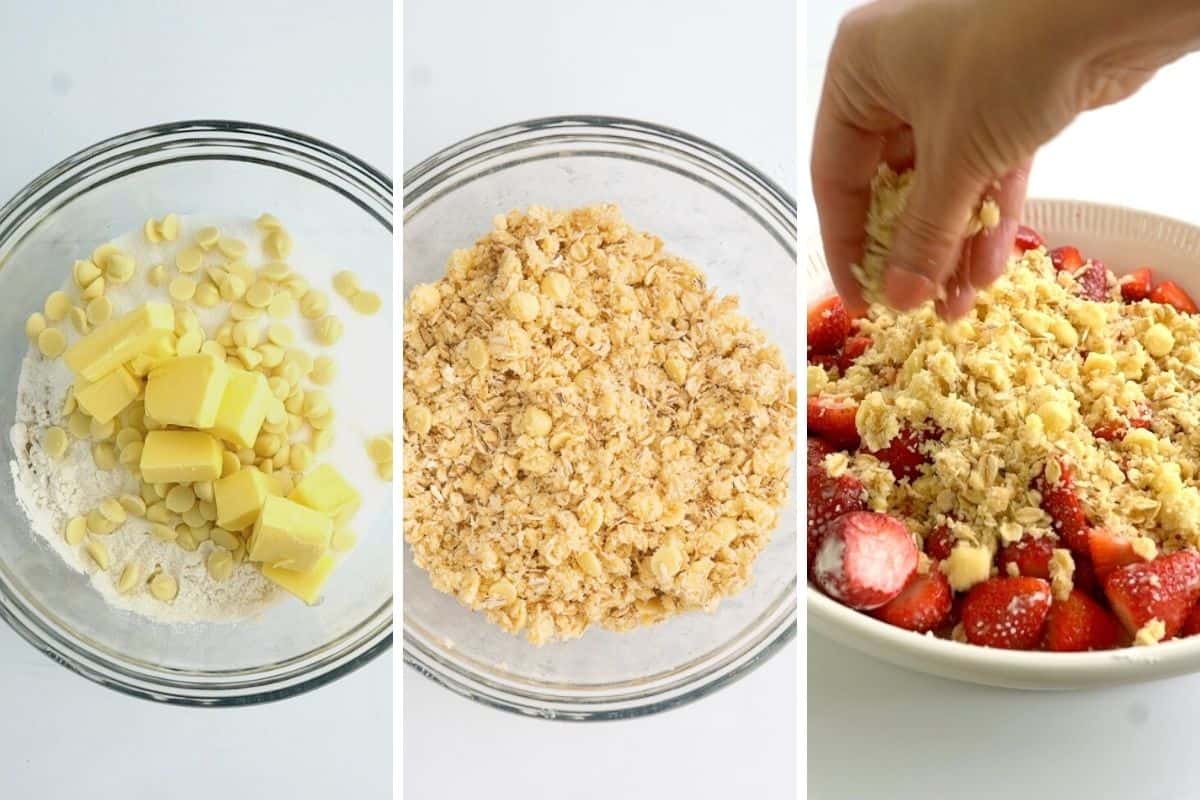 Three photo collage showing the process of making a crumble topping. 