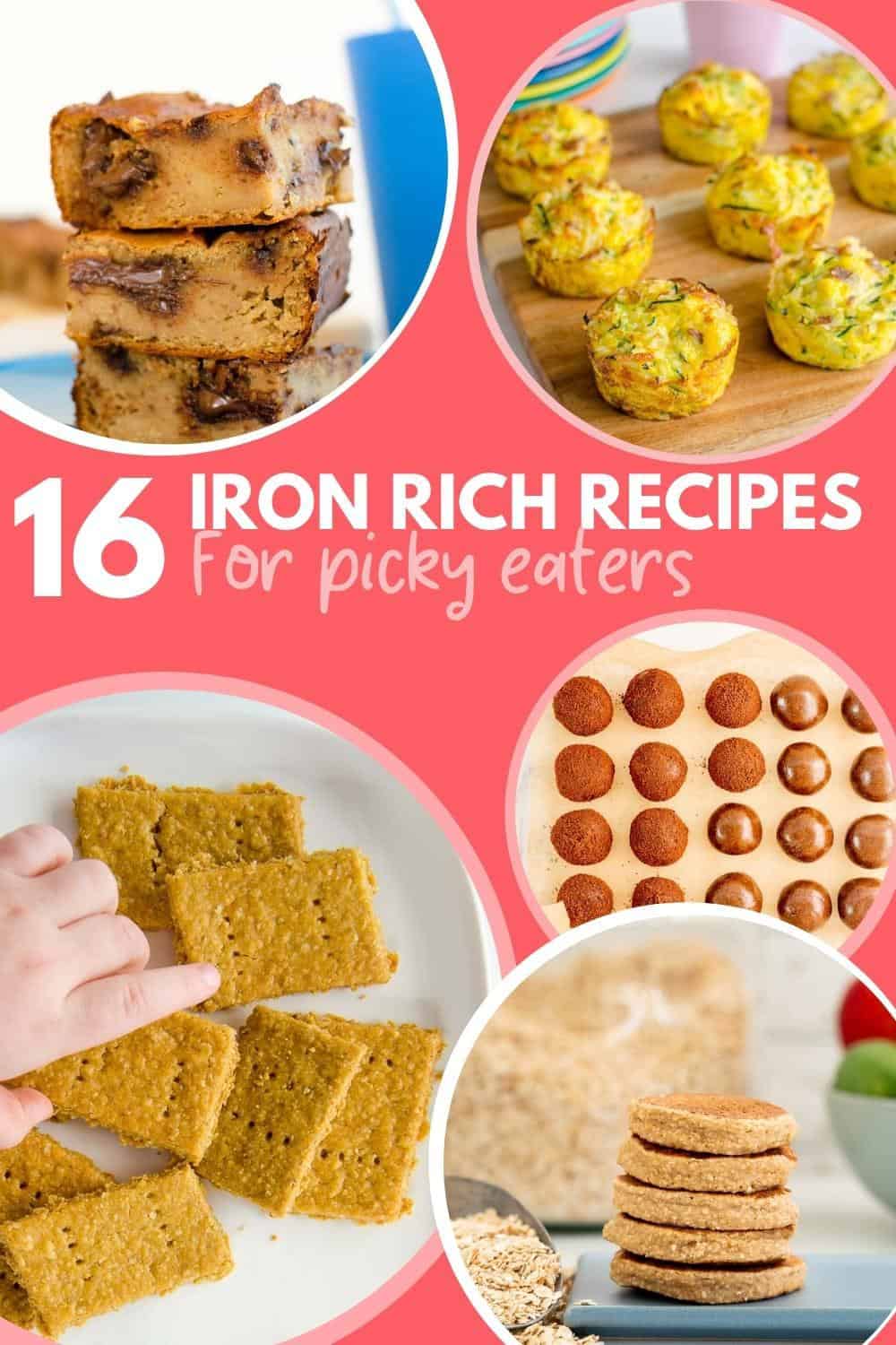 A 5 photo collage of iron rich recipes for pick eaters.