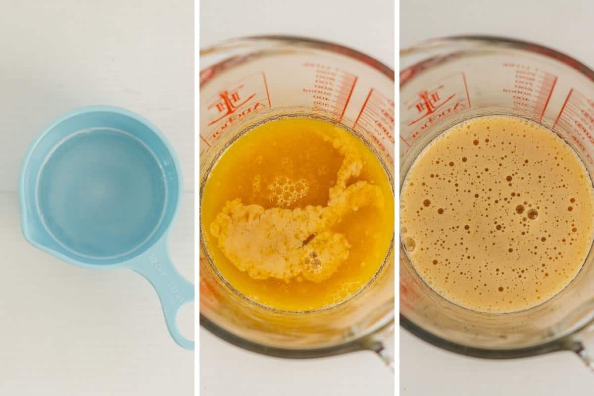 Three photo collage of baking soda foaming in warm butter and golden syrup