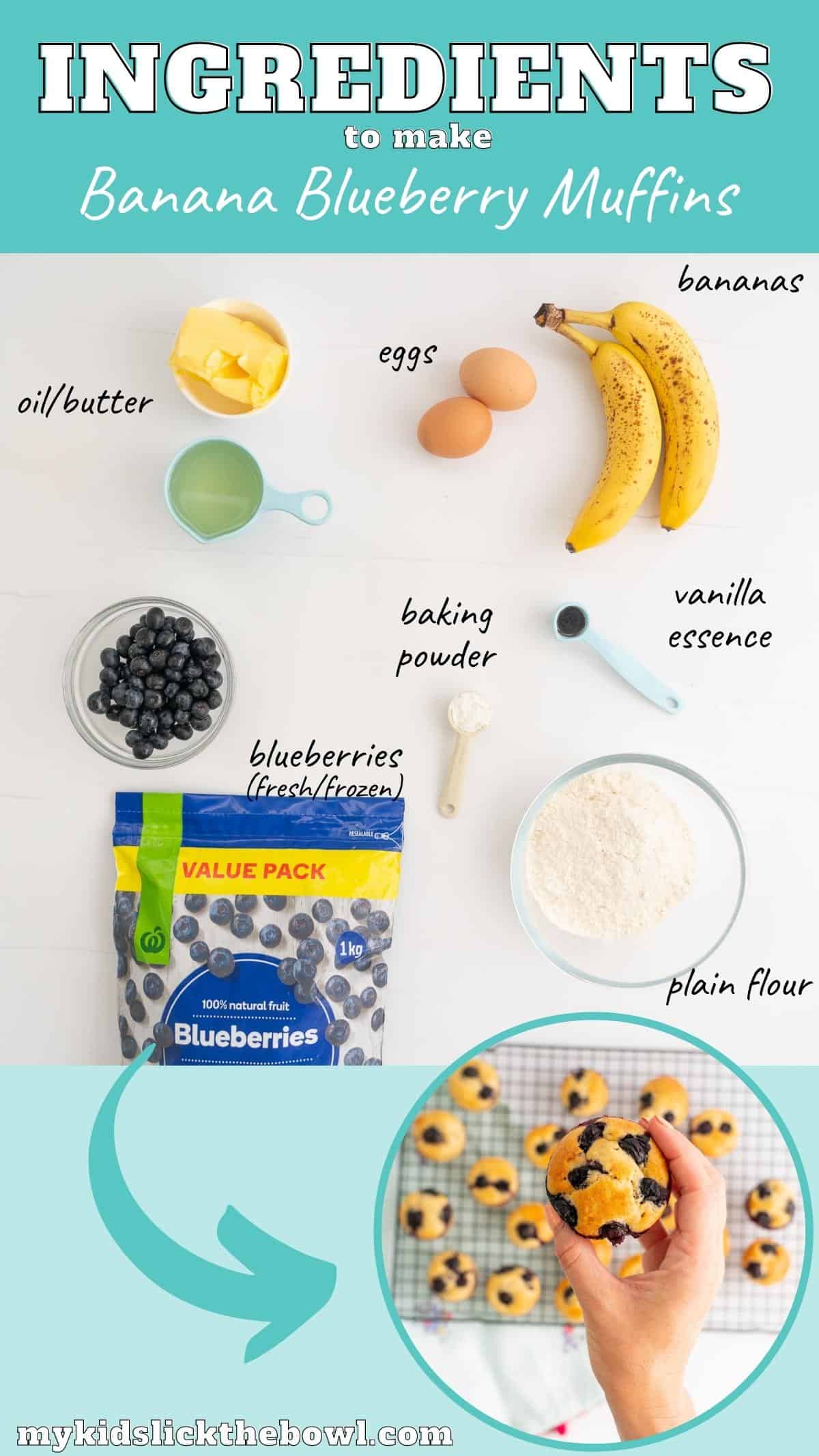 Ingredients to make banana blueberry muffins laid out on a counter top with text overlay.