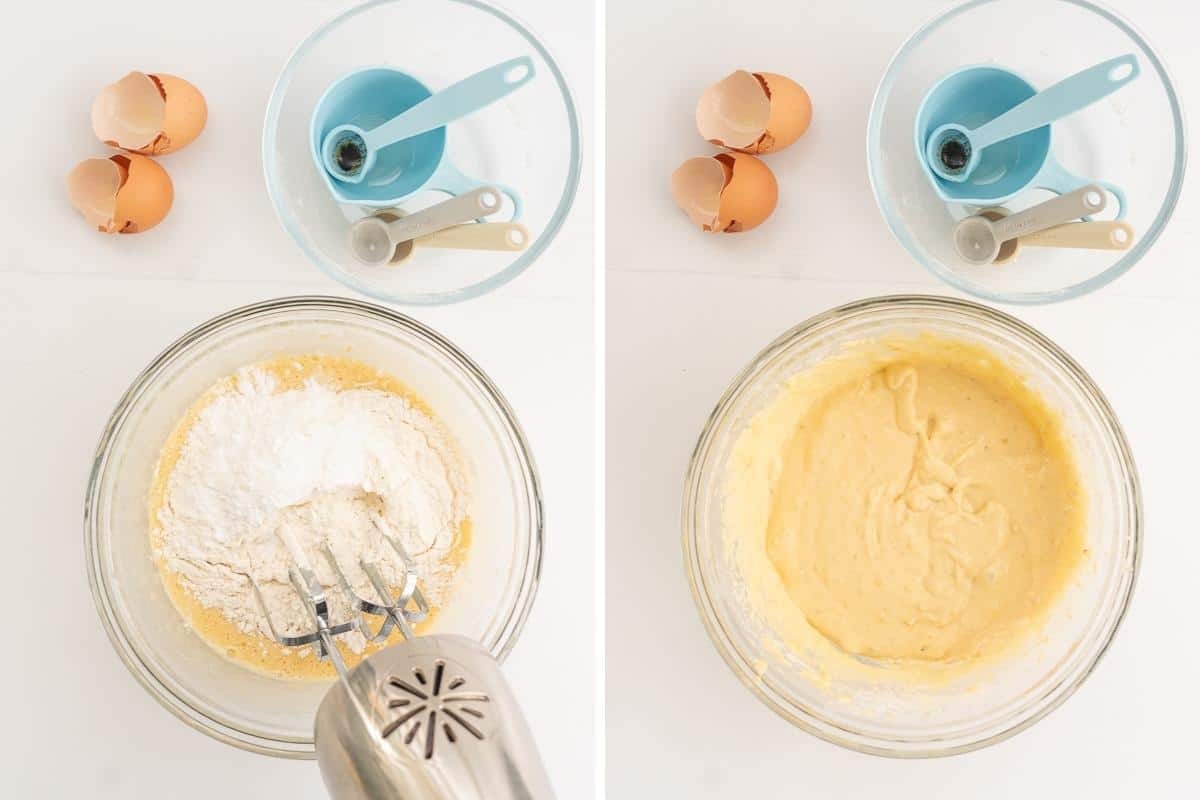 Two photo collage, dry ingredients being combined into a muffin batter using an electric handheld beater.