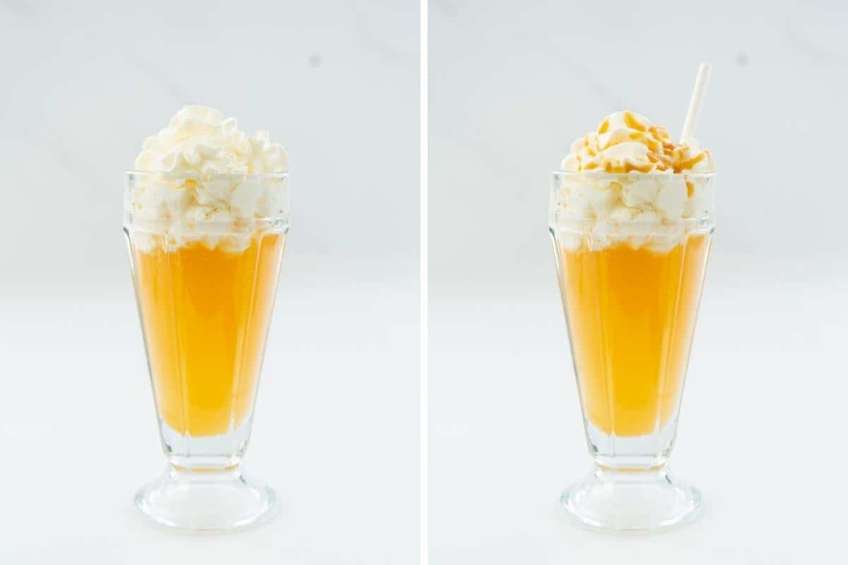 A two photo collage showing butterbeer being topped with whipped cream and caramel sauce.