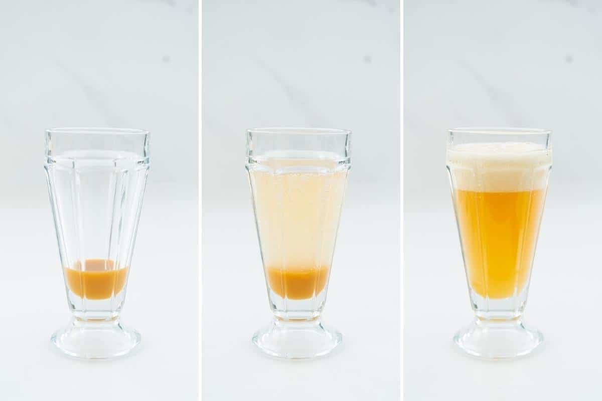 Three photo collage showing butterscotch sauce, and ginger beer in a tall glass.