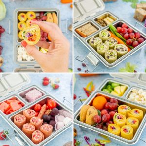 Collage of pinwheel sandwiches three ways packed in bento style lunchboxes.