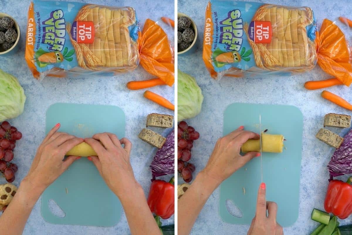 Two photo collage showing a pinwheel sandwich being rolled and sliced in half.