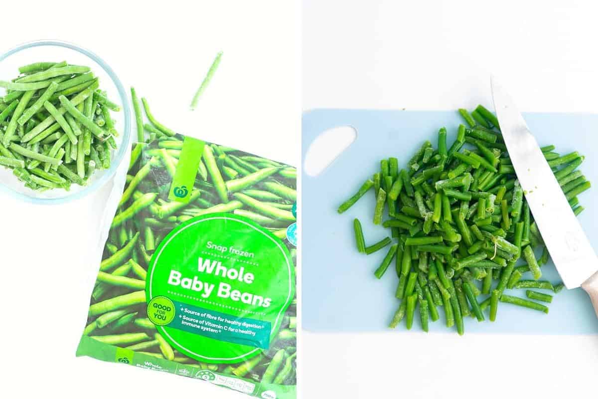 Two photo collage of frozen green beans sliced into inch long pieces. 