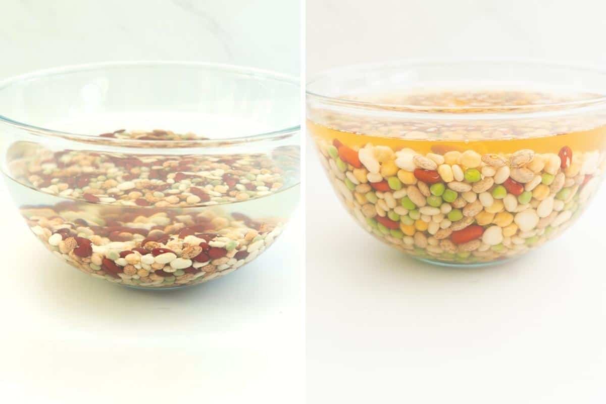 Two image collage showing the soaking process of dried mixed beans.